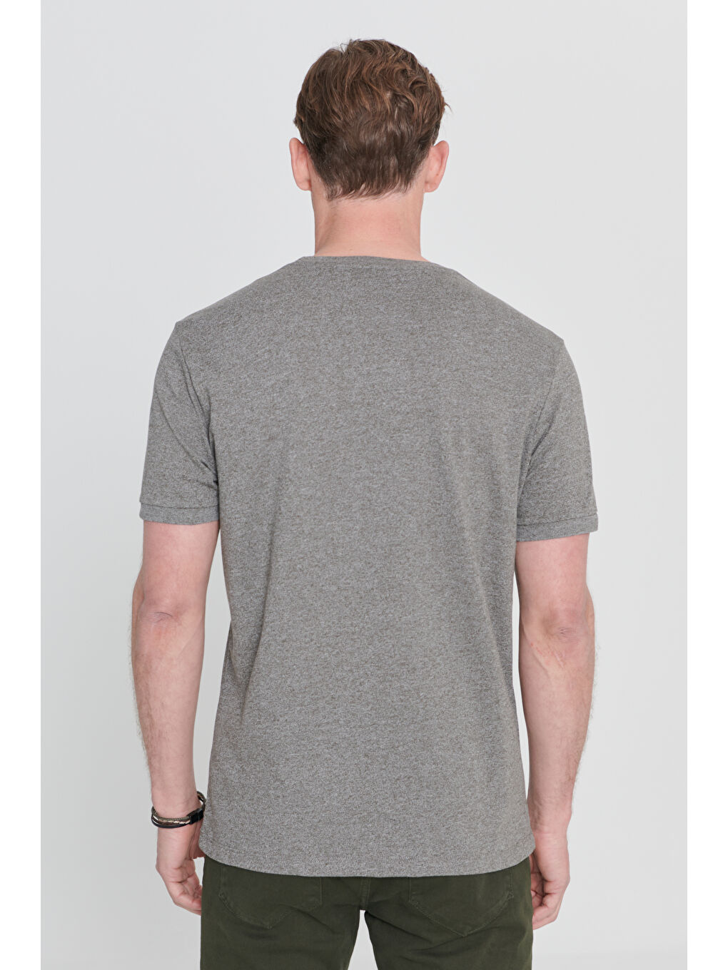 Erkek Haki Melanj Slim Fit Dar Kesim Bisiklet Yaka Pamuklu Kısa Kollu Tişört-4