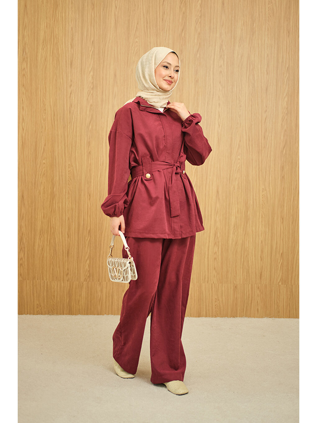 Kadın Gizli Fermuarlı Kemerli Pantolonlu Takım Bordo-1