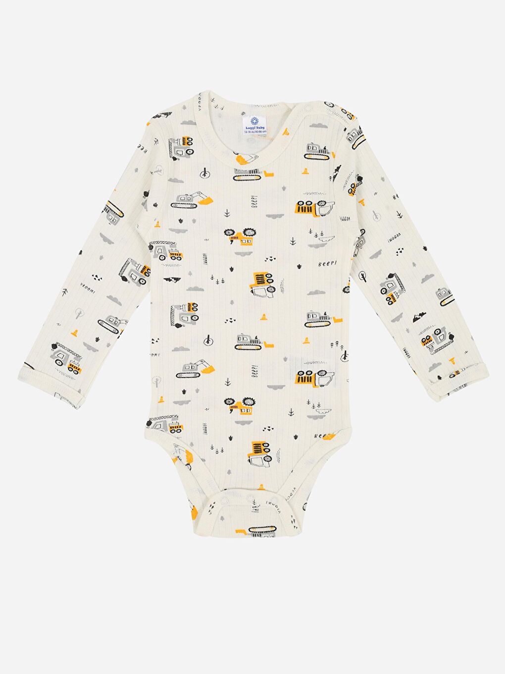 Ekru Bisiklet Yaka Baskılı Uzun Kollu Erkek Bebek Çıtçıtlı Body 2'li-1