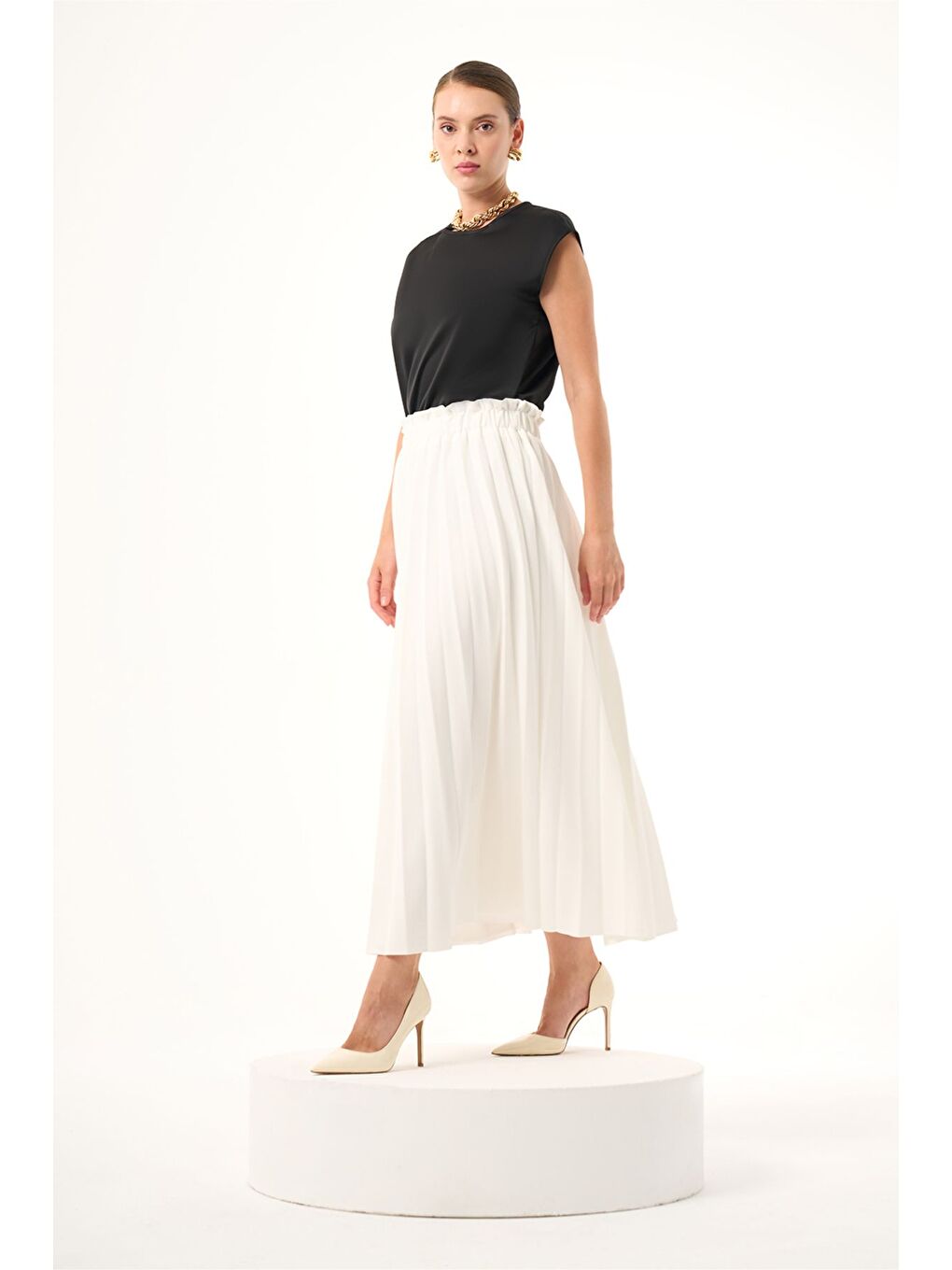 Basic Pliseli Ekru Etek-1