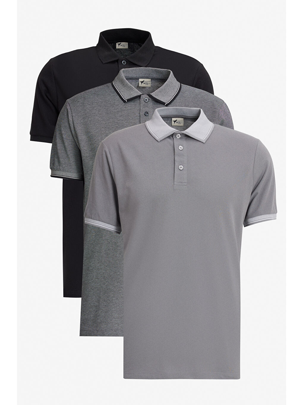 Siyah Erkek SIYAH-ACIK SIYAH-GRI Slim Fit Dar Kesim 3 'lü Kıvrılmaz Polo Yaka Tişört