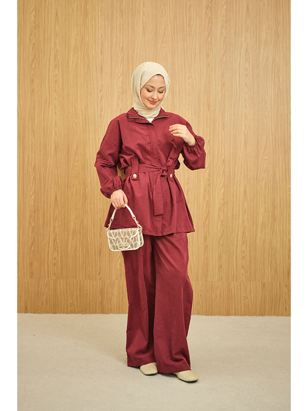 Kadın Gizli Fermuarlı Kemerli Pantolonlu Takım Bordo-2
