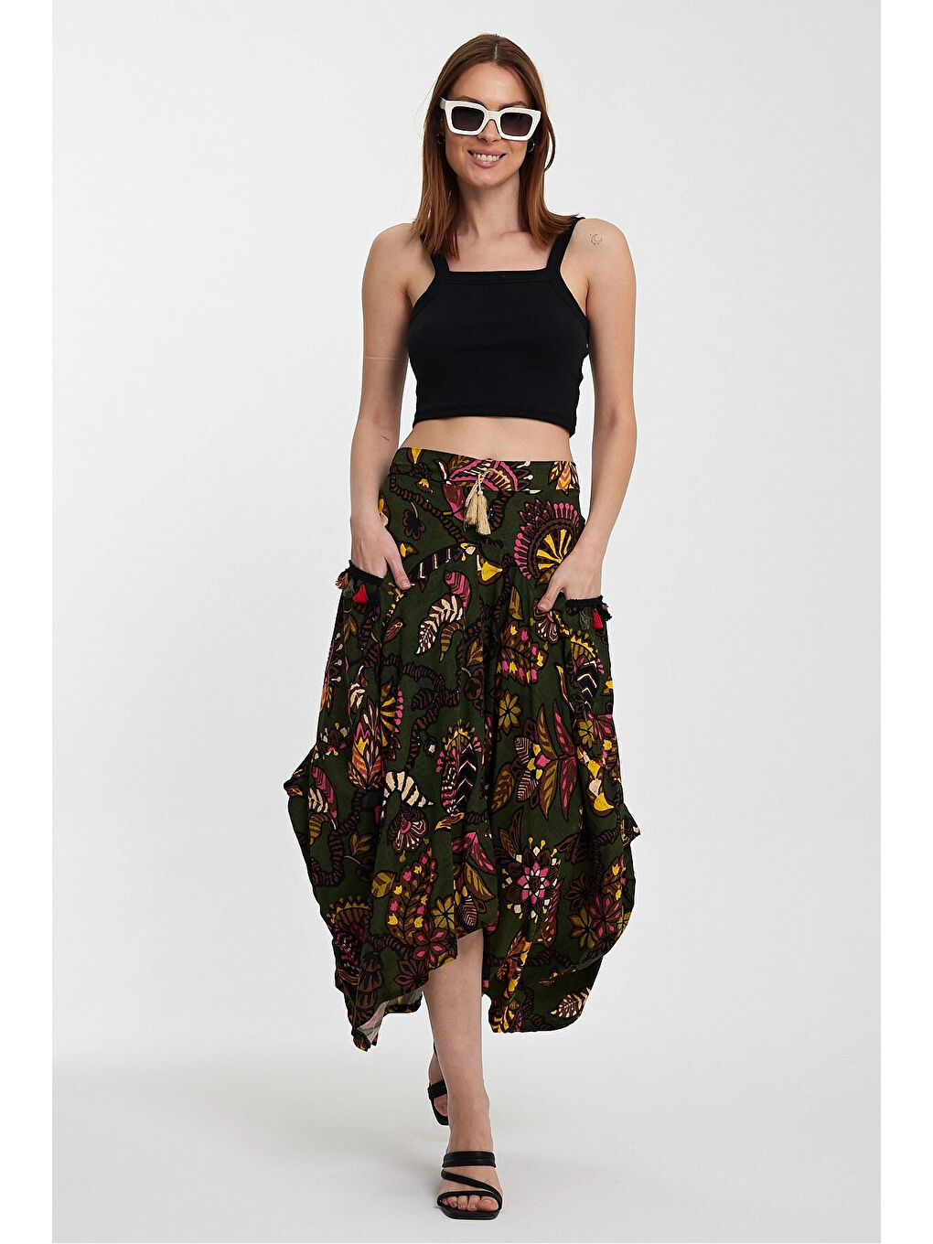 Kadın Haki Otantik Desenli Cepli Şalvar Model Viskon Etek HZL25S-VM120391