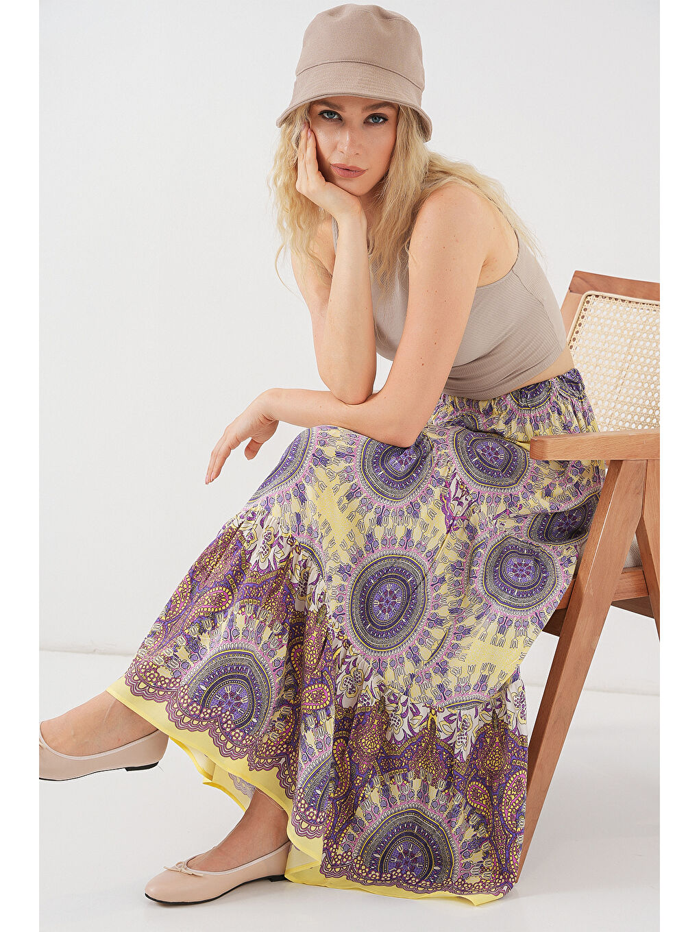 1898 Desenli Uzun Etek - Sarı-2