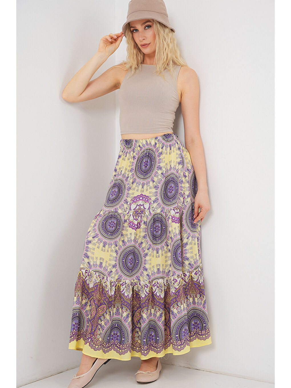 1898 Desenli Uzun Etek - Sarı-3