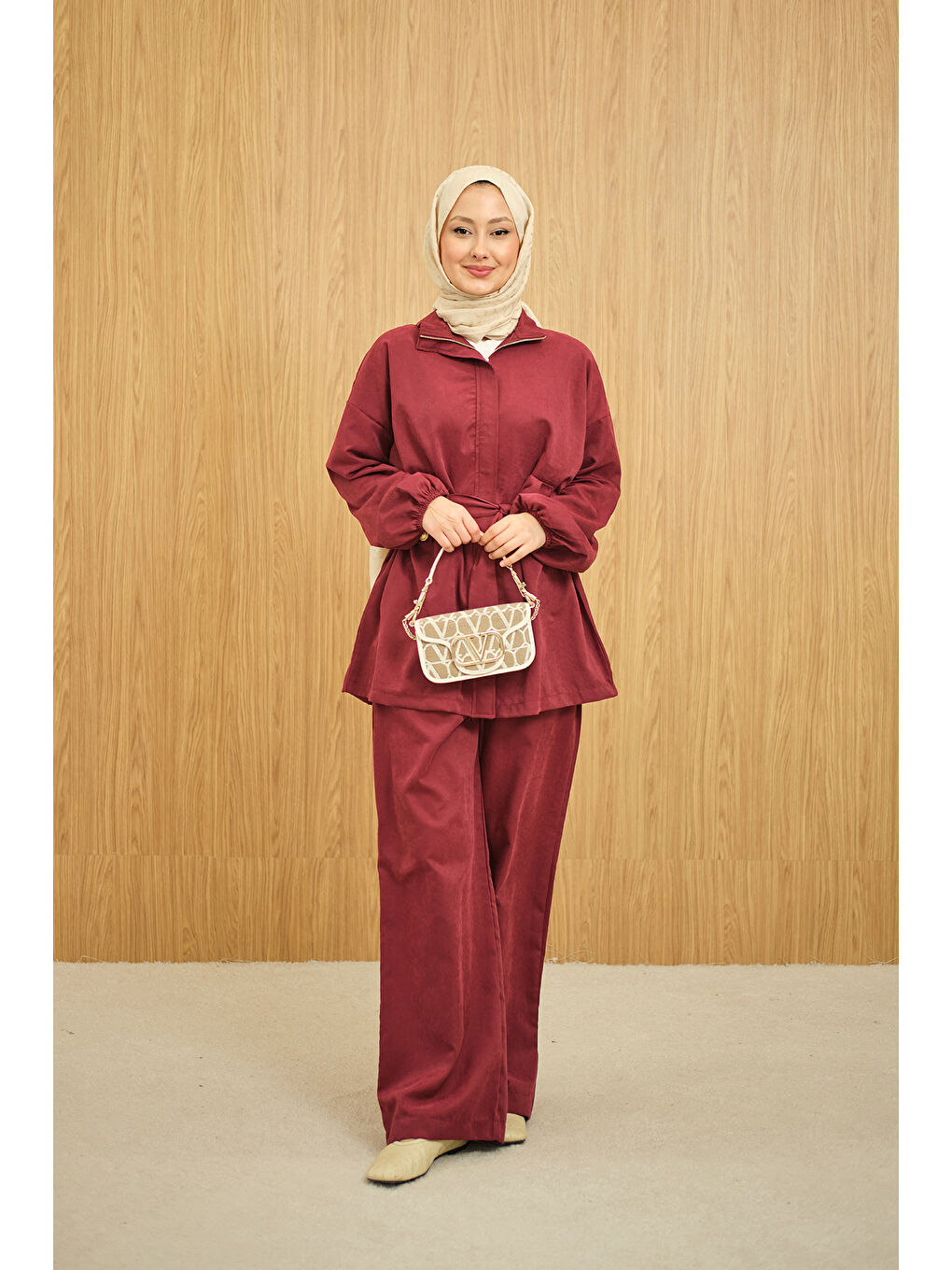 Kadın Gizli Fermuarlı Kemerli Pantolonlu Takım Bordo-3