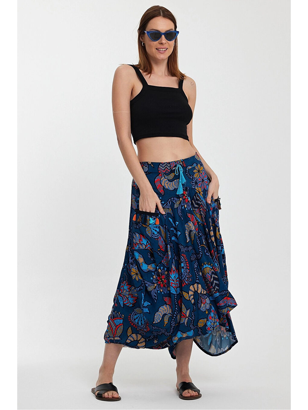 Kadın Mavi Otantik Desenli Cepli Şalvar Model Viskon Etek HZL25S-VM120391