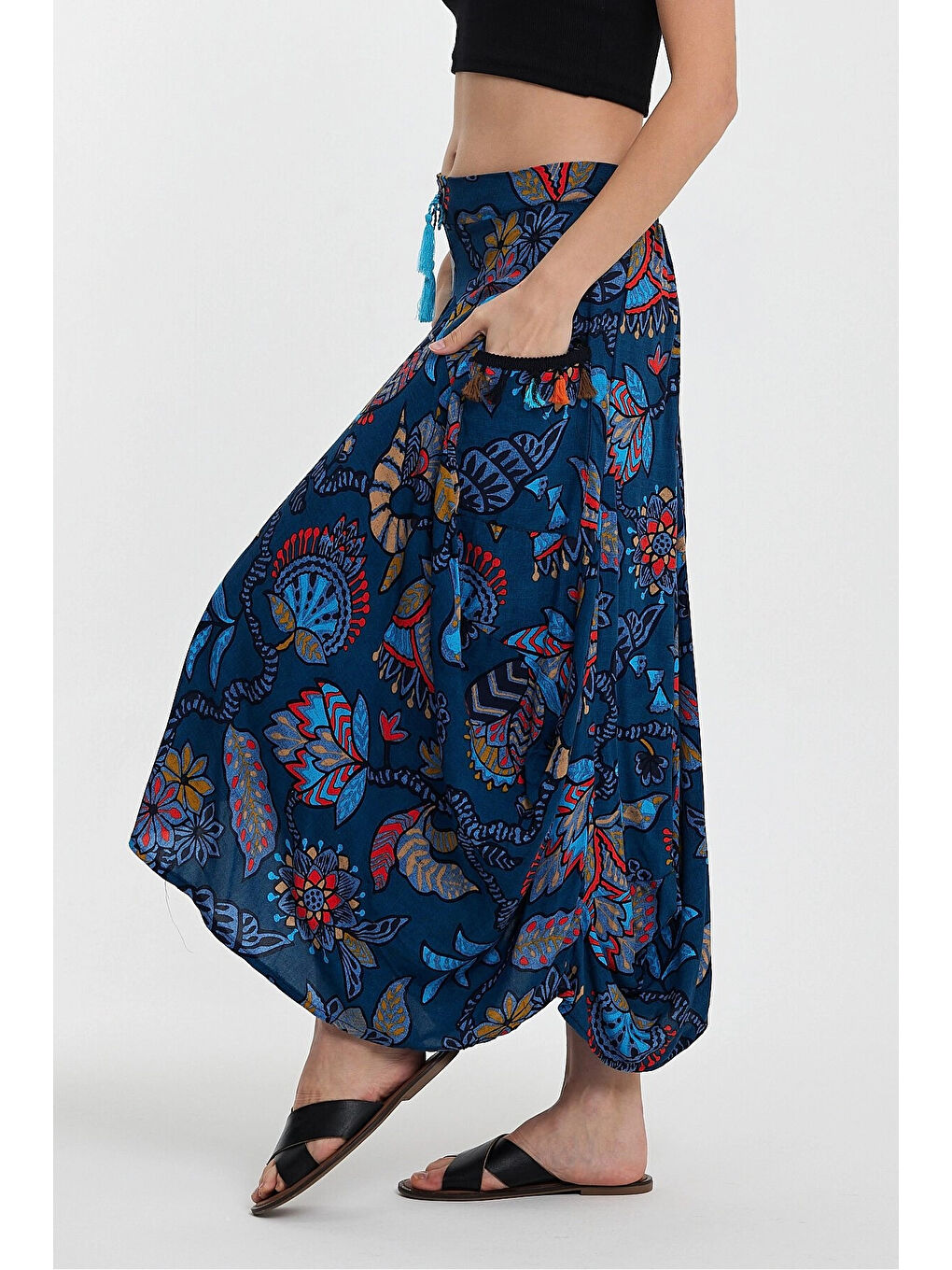 Kadın Mavi Otantik Desenli Cepli Şalvar Model Viskon Etek HZL25S-VM120391-1