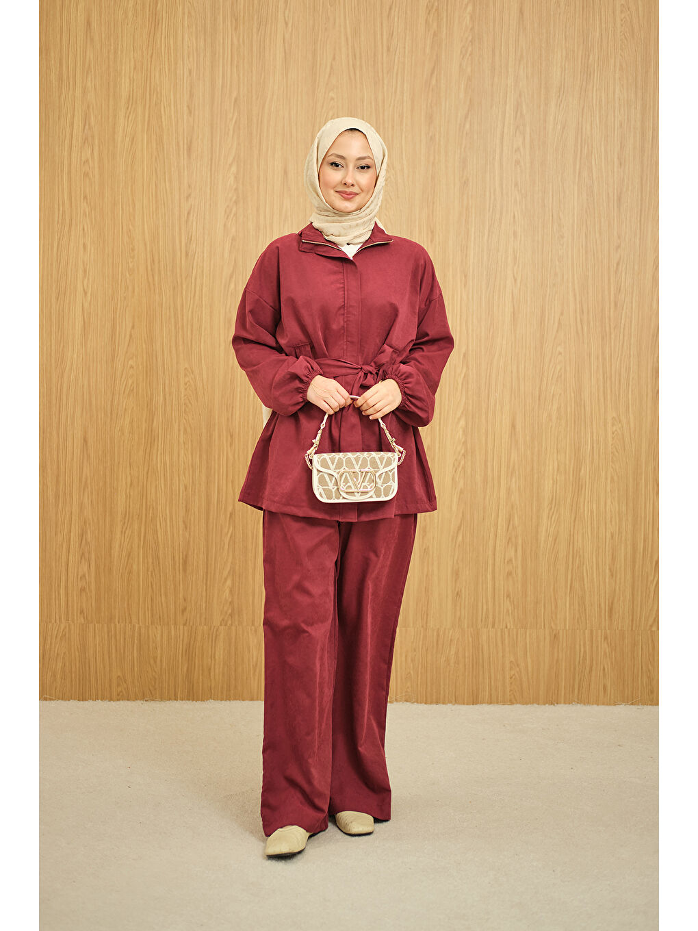 Kadın Gizli Fermuarlı Kemerli Pantolonlu Takım Bordo-4