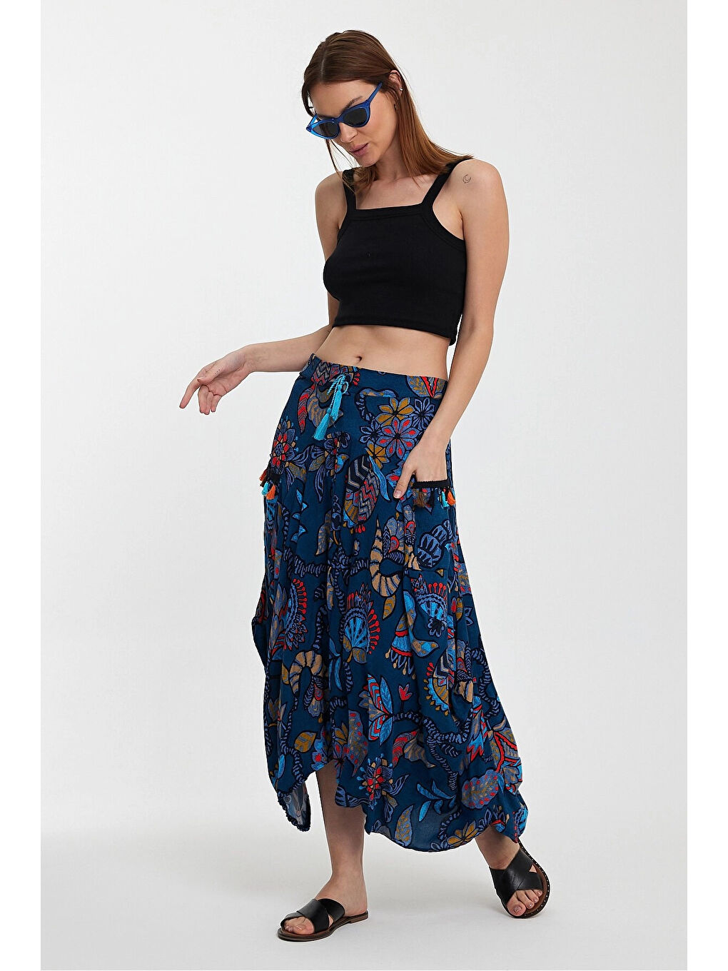 Kadın Mavi Otantik Desenli Cepli Şalvar Model Viskon Etek HZL25S-VM120391-2