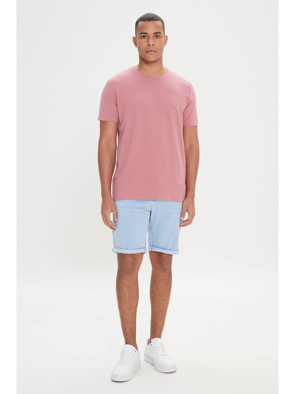 Pembe Erkek Gül Kurusu Slim Fit Dar Kesim Bisiklet Yaka Kısa Kollu Yumuşak Tuşeli Basic Tişört-1