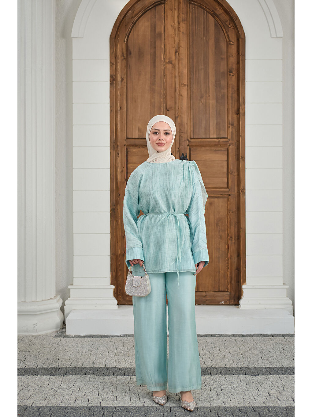 Kadın Yaka Şal Detay Bel Bağlamalı Takım Turkuaz