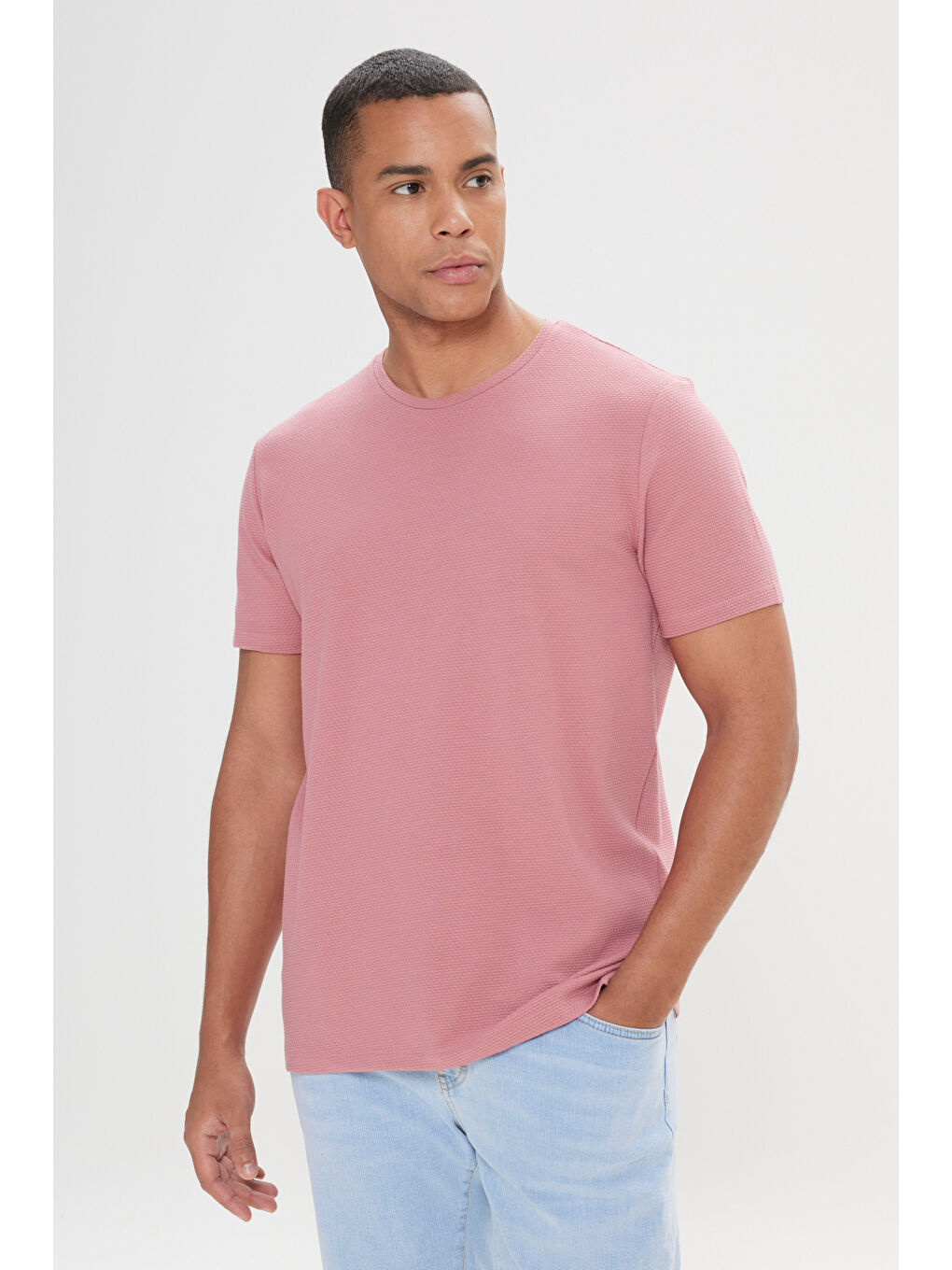 Pembe Erkek Gül Kurusu Slim Fit Dar Kesim Bisiklet Yaka Kısa Kollu Yumuşak Tuşeli Basic Tişört-2