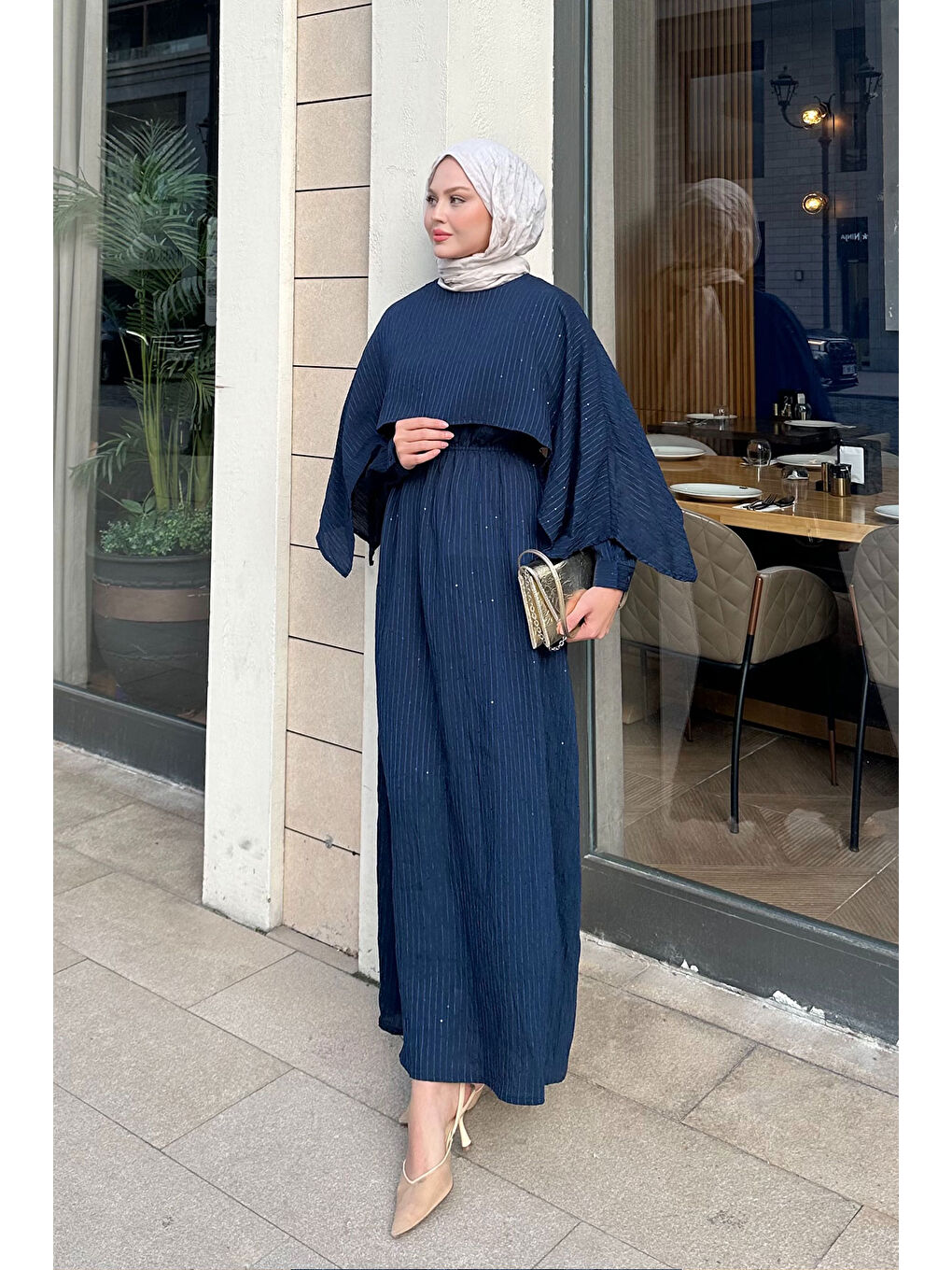 Kadın Pelerin Detay Çizgili Elbise Lacivert-1