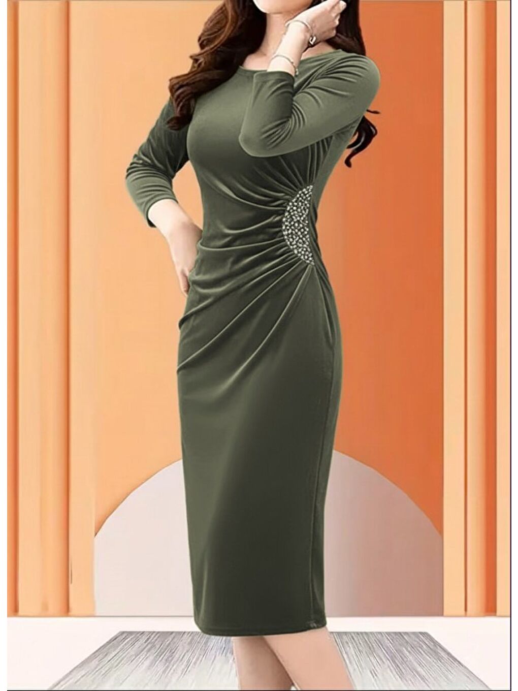 Haki Kadın Uzun Kollu Bot Yaka Yanı Taş Detaylı Midi Kadife Elbise