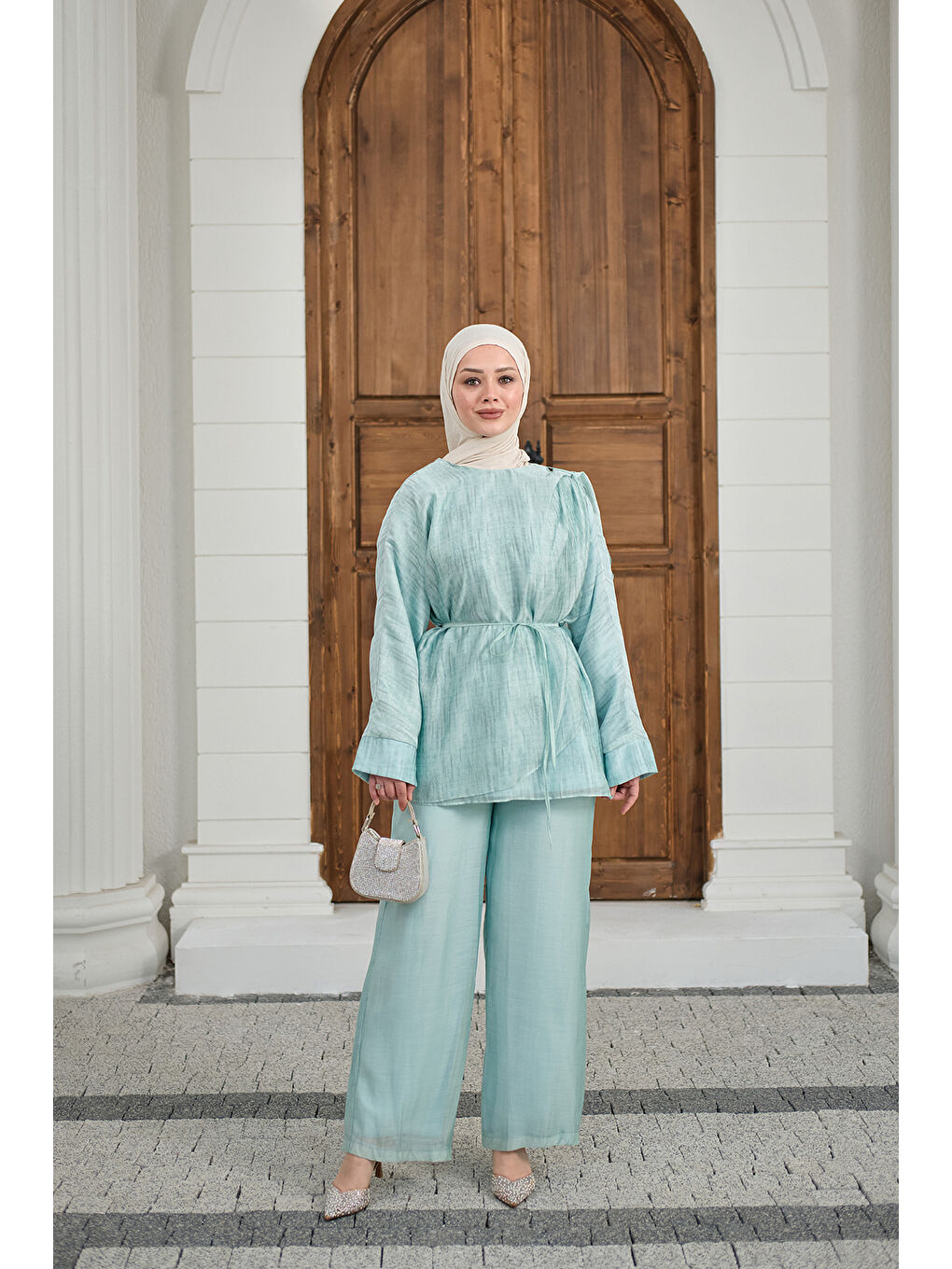 Kadın Yaka Şal Detay Bel Bağlamalı Takım Turkuaz-1
