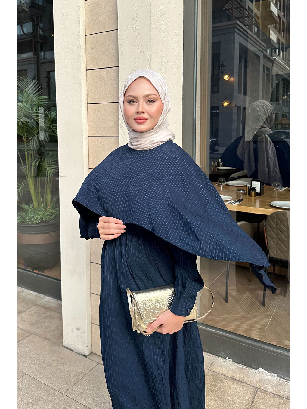 Kadın Pelerin Detay Çizgili Elbise Lacivert-2