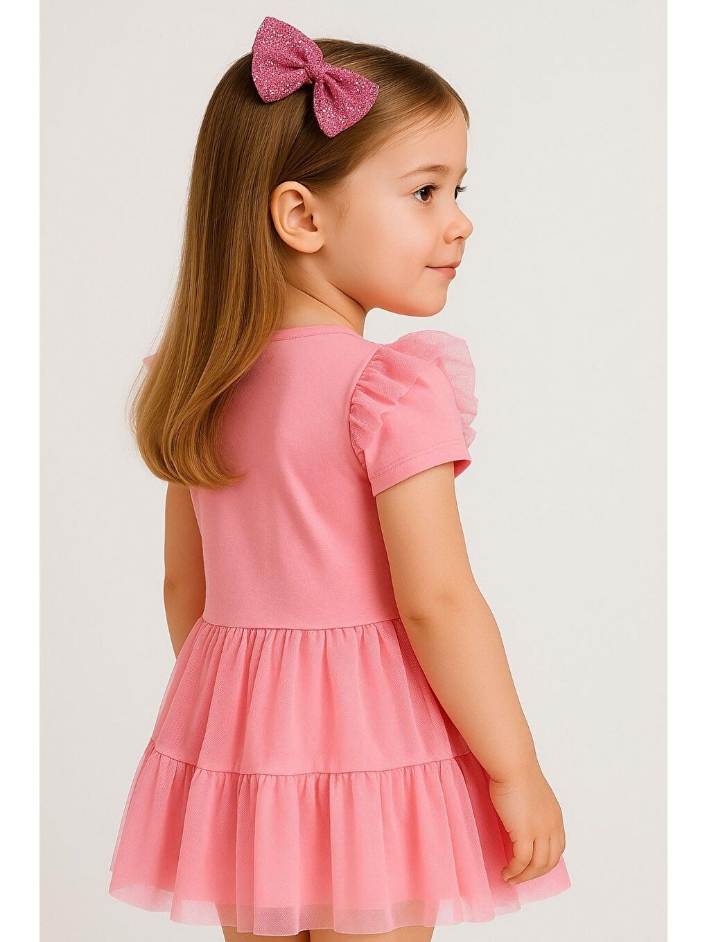 Pembe Kız Çocuk Kuromi Tül Detaylı Kısa Kollu Elbise-1