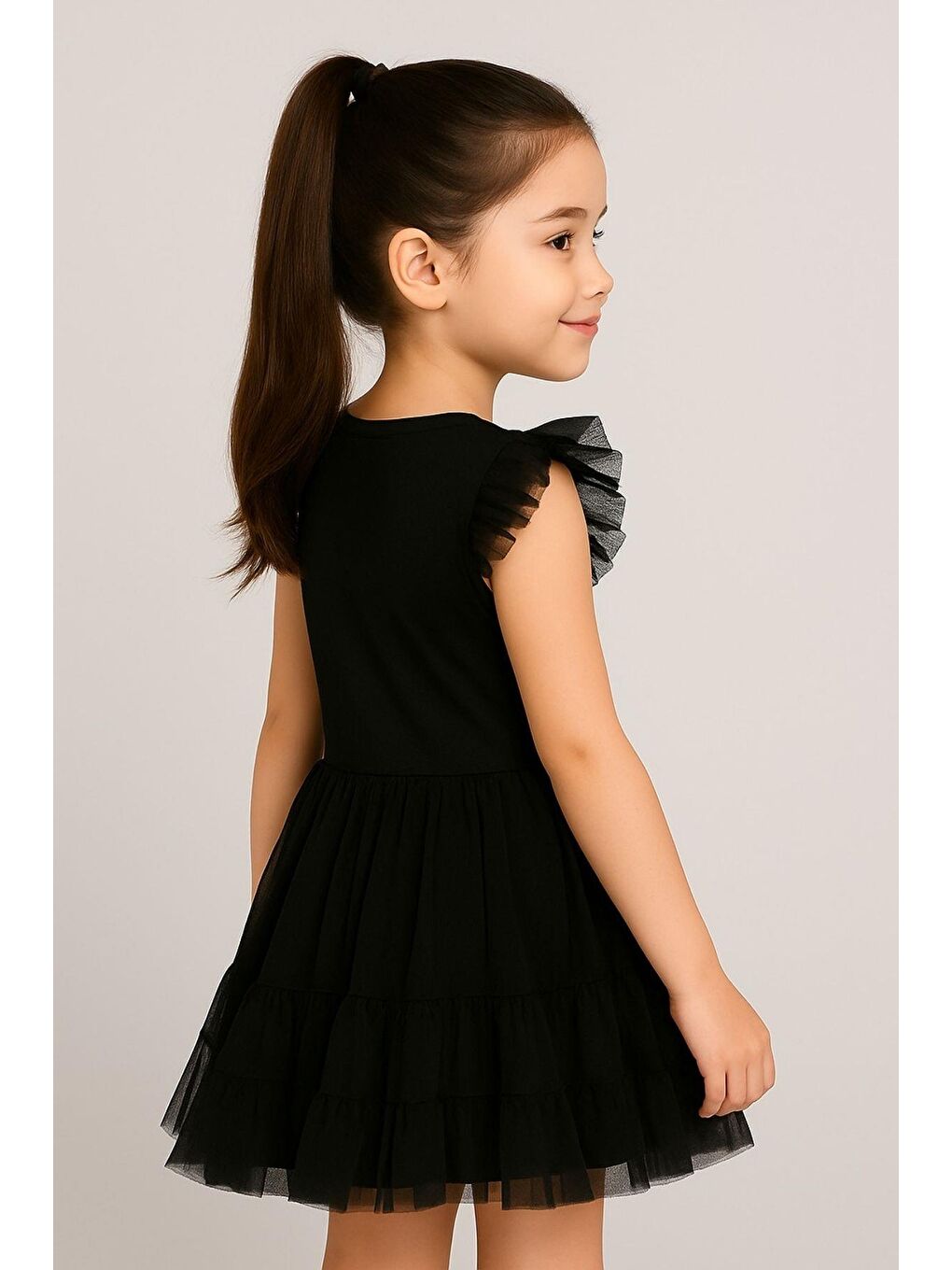 Siyah Kız Çocuk Kuromi Tül Detaylı Kısa Kollu Elbise-1