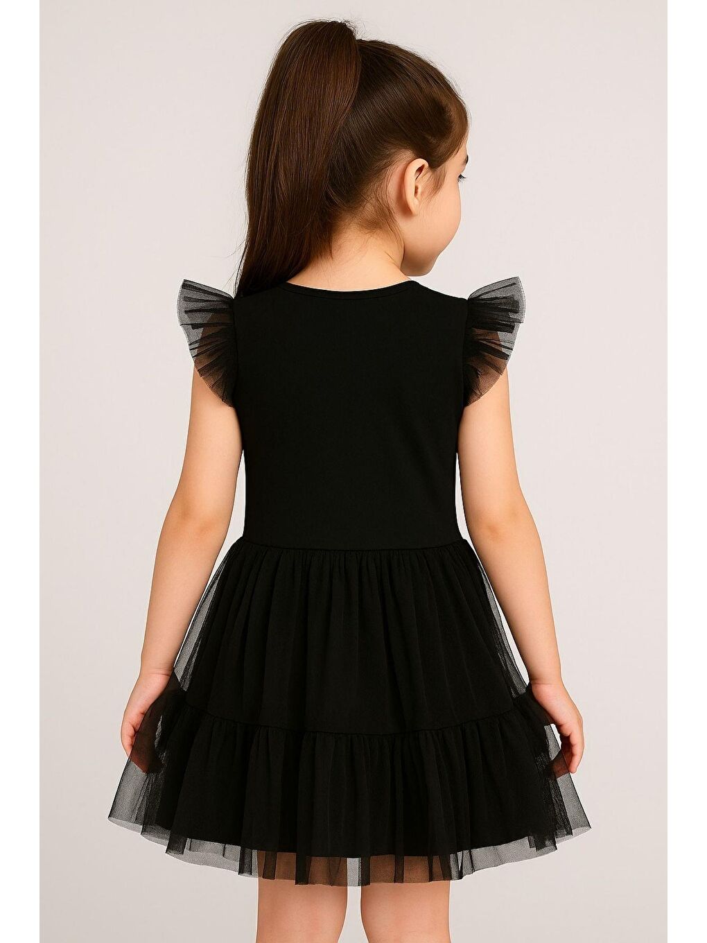 Siyah Kız Çocuk Kuromi Tül Detaylı Kısa Kollu Elbise-2