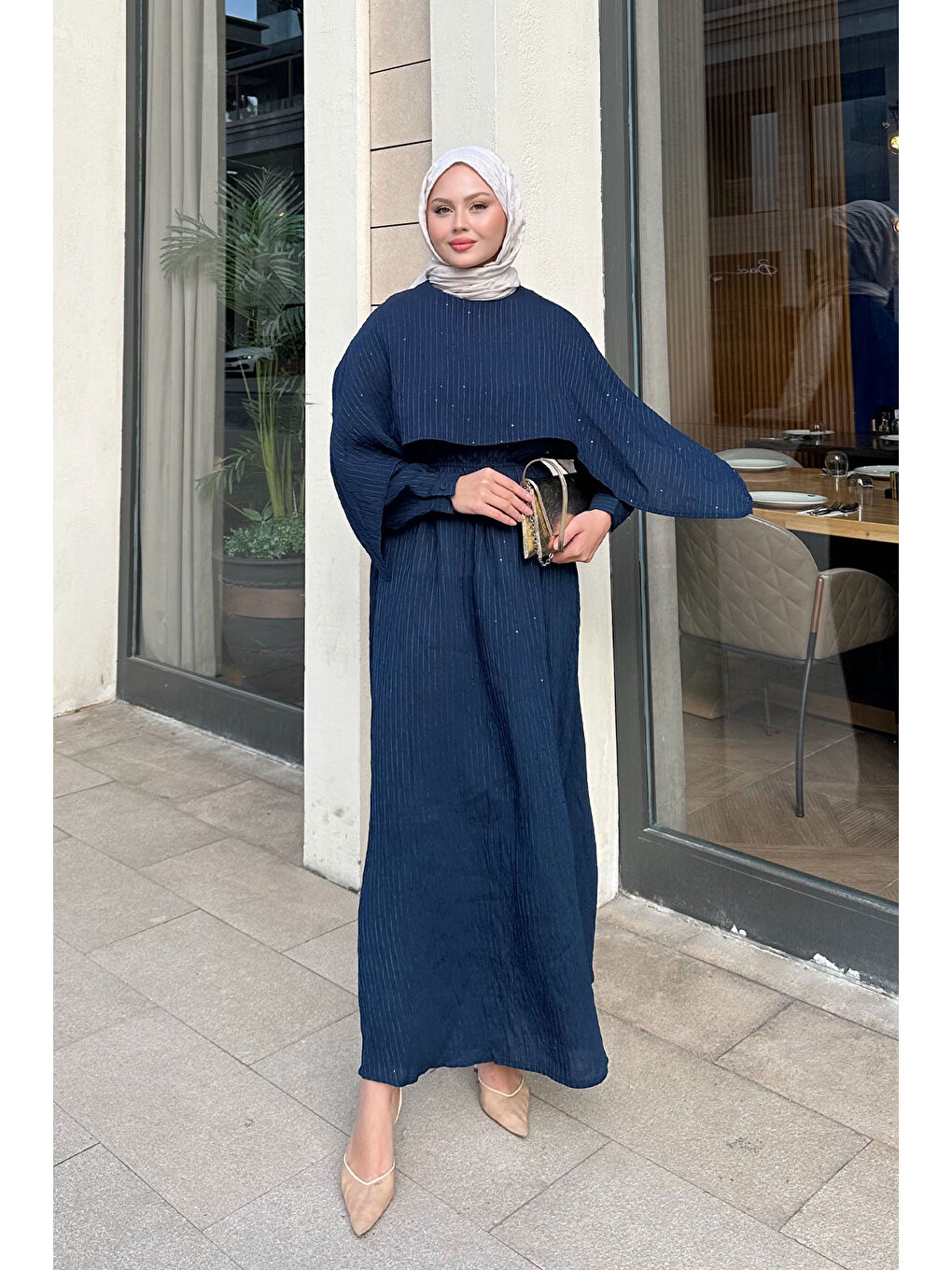 Kadın Pelerin Detay Çizgili Elbise Lacivert-3