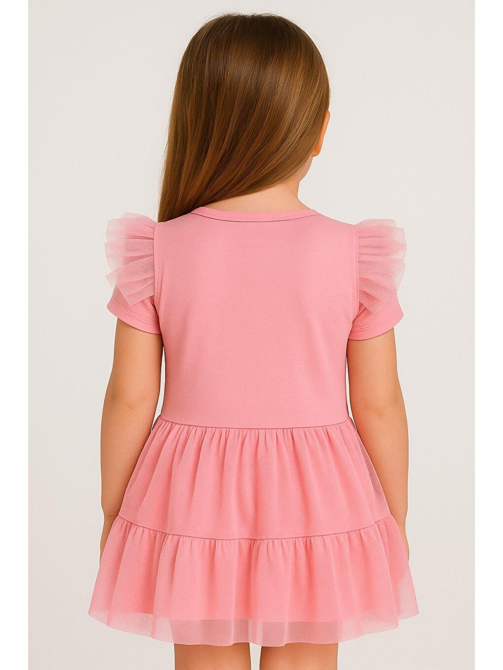 Pembe Kız Çocuk Kuromi Tül Detaylı Kısa Kollu Elbise-2