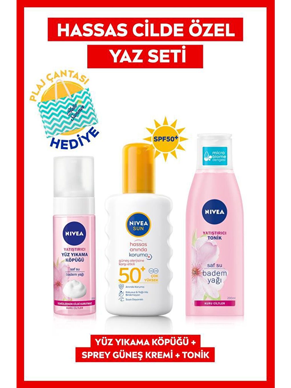 NIVEA SPF 50+ Güneş Alerjisine Karşı Hassas Koruma Güneş Kremi 200 ml Sprey, Yüz Temizleme Köpüğü Tonik