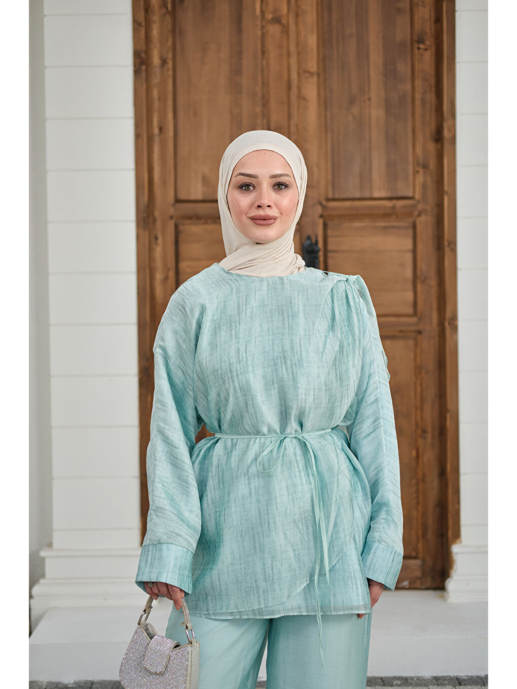 Kadın Yaka Şal Detay Bel Bağlamalı Takım Turkuaz-2