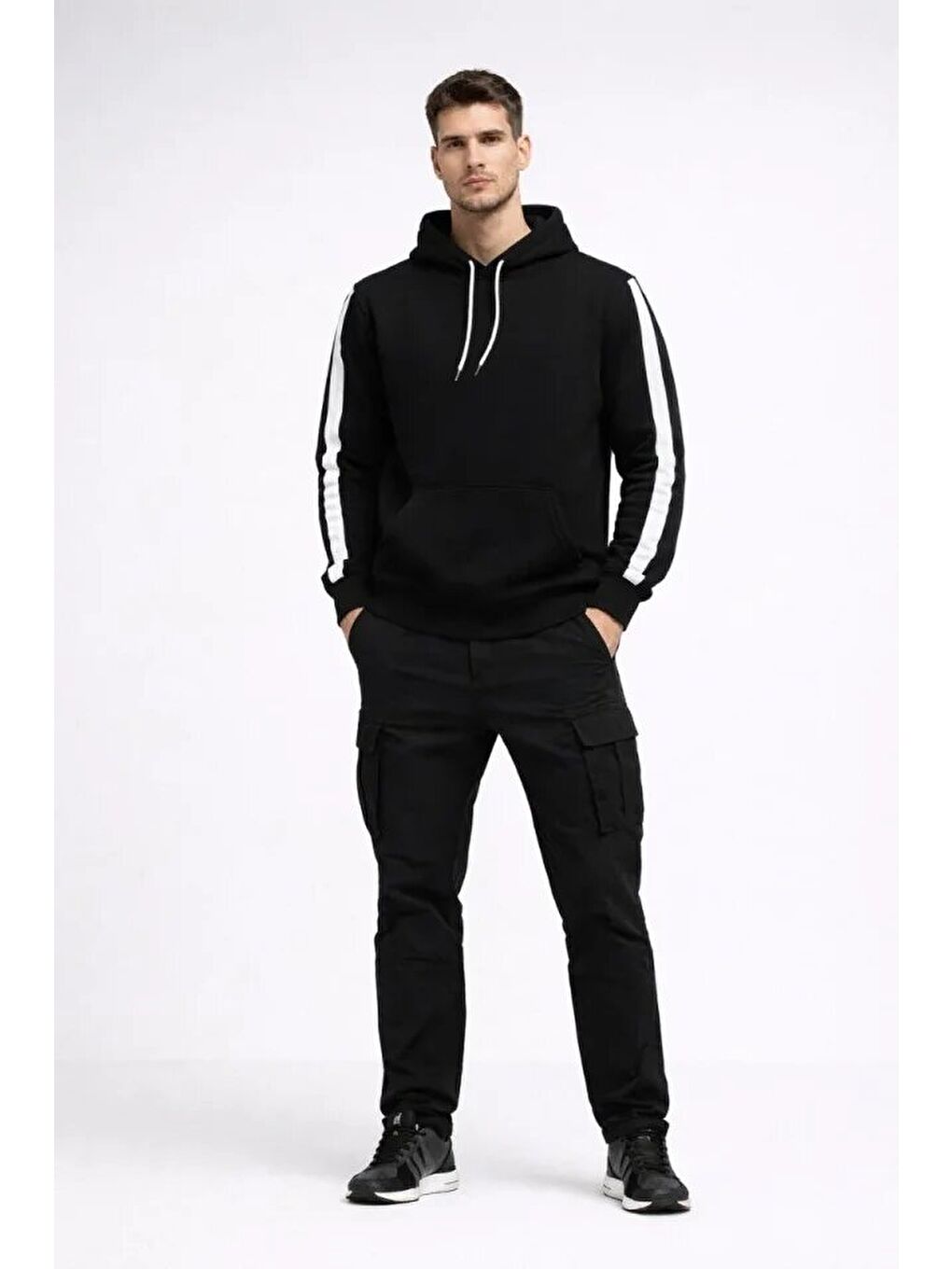 Erkek Şeritli Kapüşonlu Sweatshirt Oversize 3 Iplik Pamuklu - Siyah