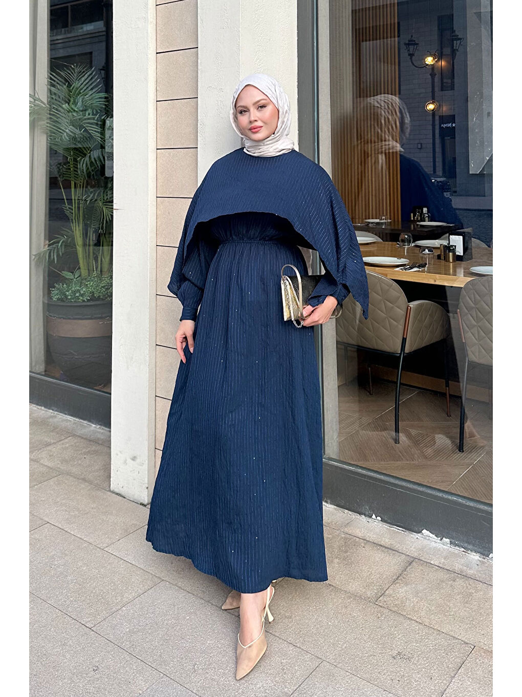 Kadın Pelerin Detay Çizgili Elbise Lacivert-4