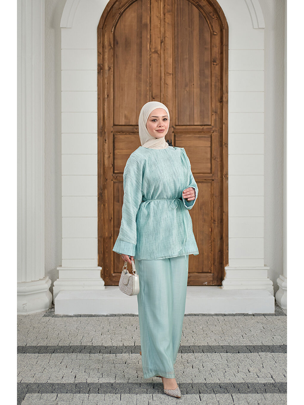 Kadın Yaka Şal Detay Bel Bağlamalı Takım Turkuaz-3