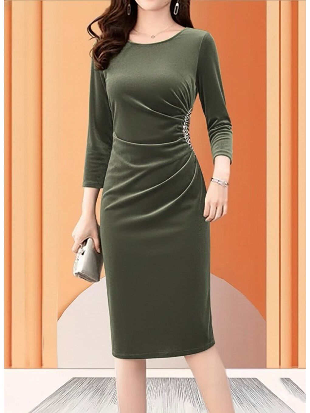 Haki Kadın Uzun Kollu Bot Yaka Yanı Taş Detaylı Midi Kadife Elbise-1