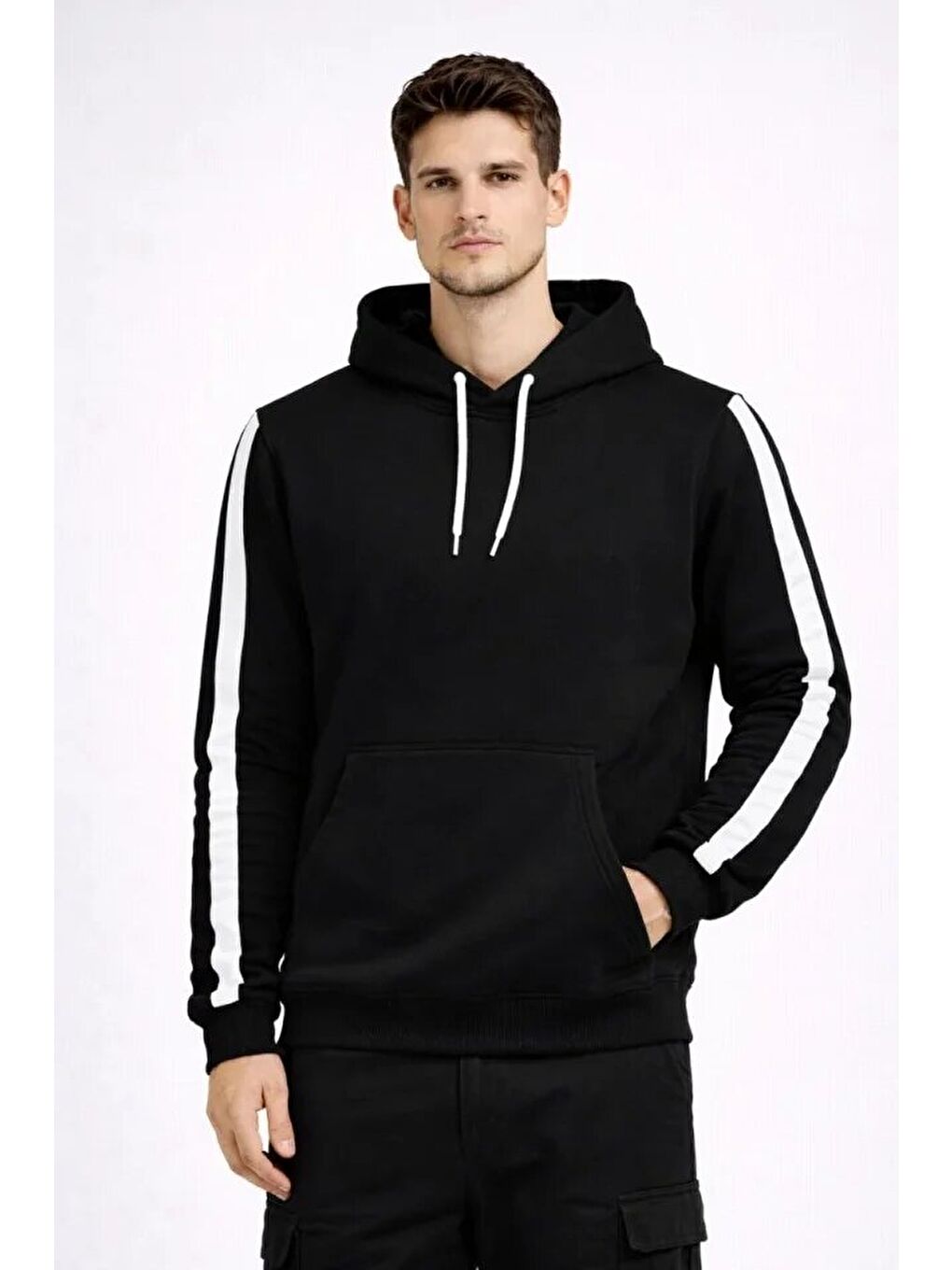 Erkek Şeritli Kapüşonlu Sweatshirt Oversize 3 Iplik Pamuklu - Siyah-1