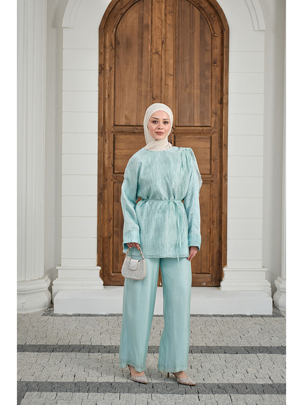 Kadın Yaka Şal Detay Bel Bağlamalı Takım Turkuaz-4