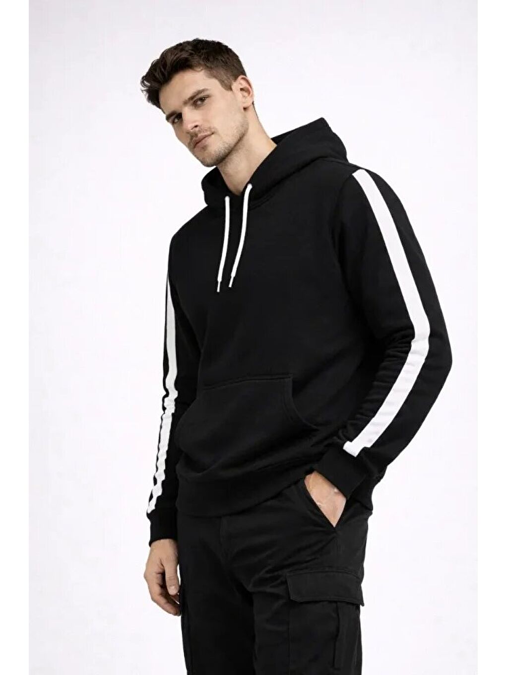 Erkek Şeritli Kapüşonlu Sweatshirt Oversize 3 Iplik Pamuklu - Siyah-2