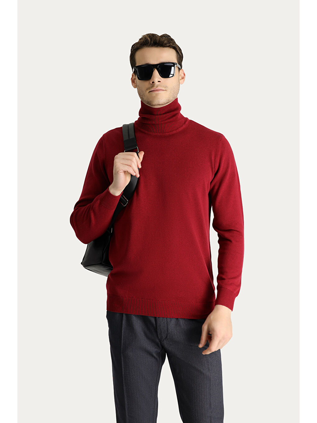 Kırmızı Balıkçı Yaka Regular Fit Pamuklu Triko Büyük Beden Kazak-1