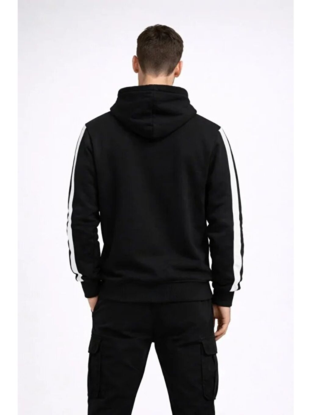 Erkek Şeritli Kapüşonlu Sweatshirt Oversize 3 Iplik Pamuklu - Siyah-3