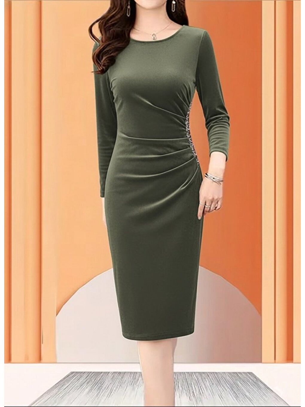 Haki Kadın Uzun Kollu Bot Yaka Yanı Taş Detaylı Midi Kadife Elbise-2