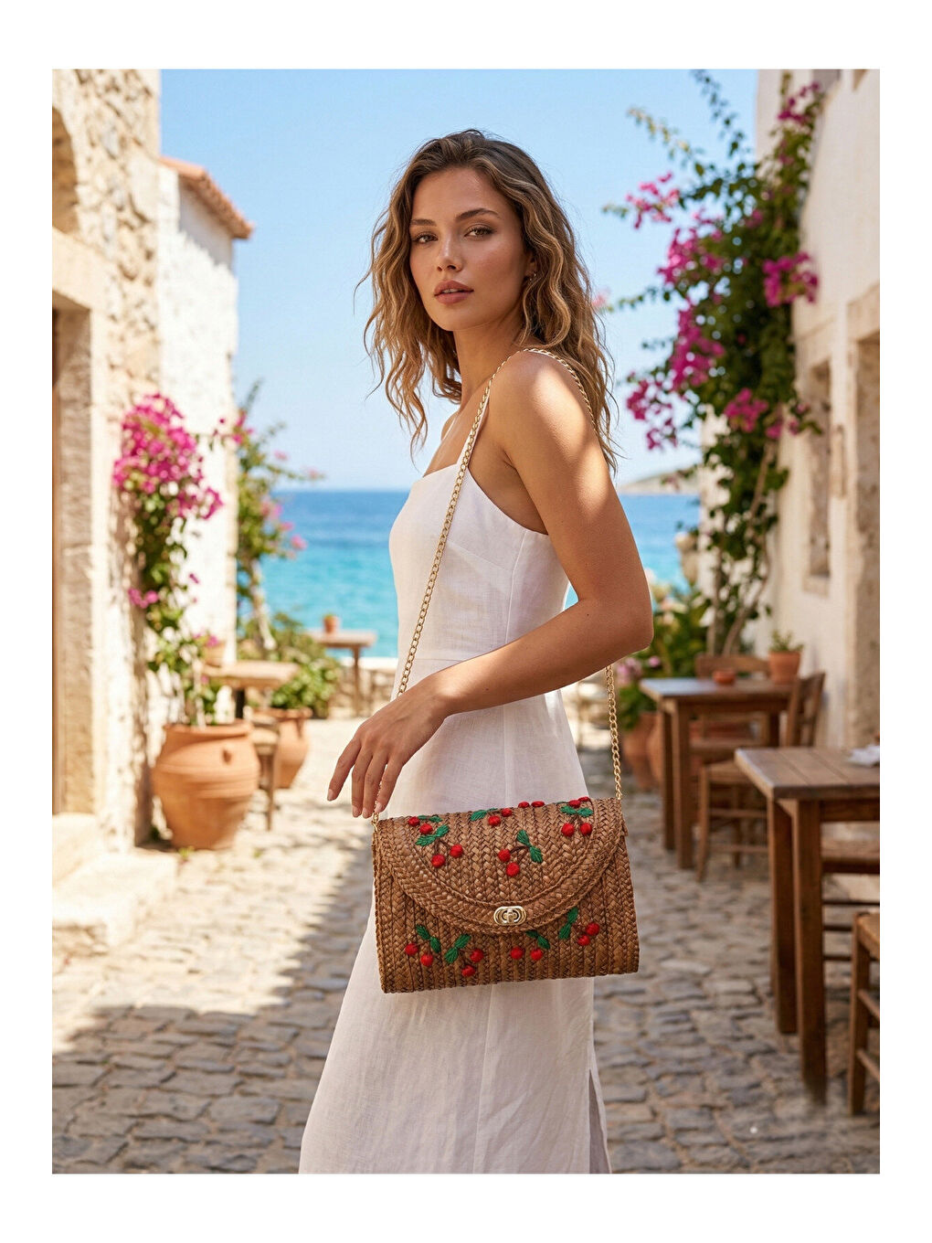 Sarı Zincirli Kiraz Desenli Camel Hasır Çanta CNT1106