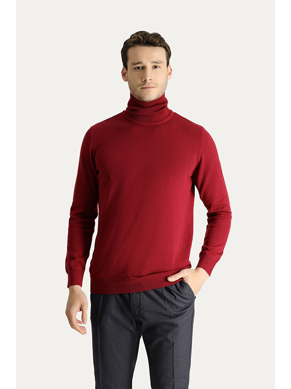 Kırmızı Balıkçı Yaka Regular Fit Pamuklu Triko Büyük Beden Kazak-2