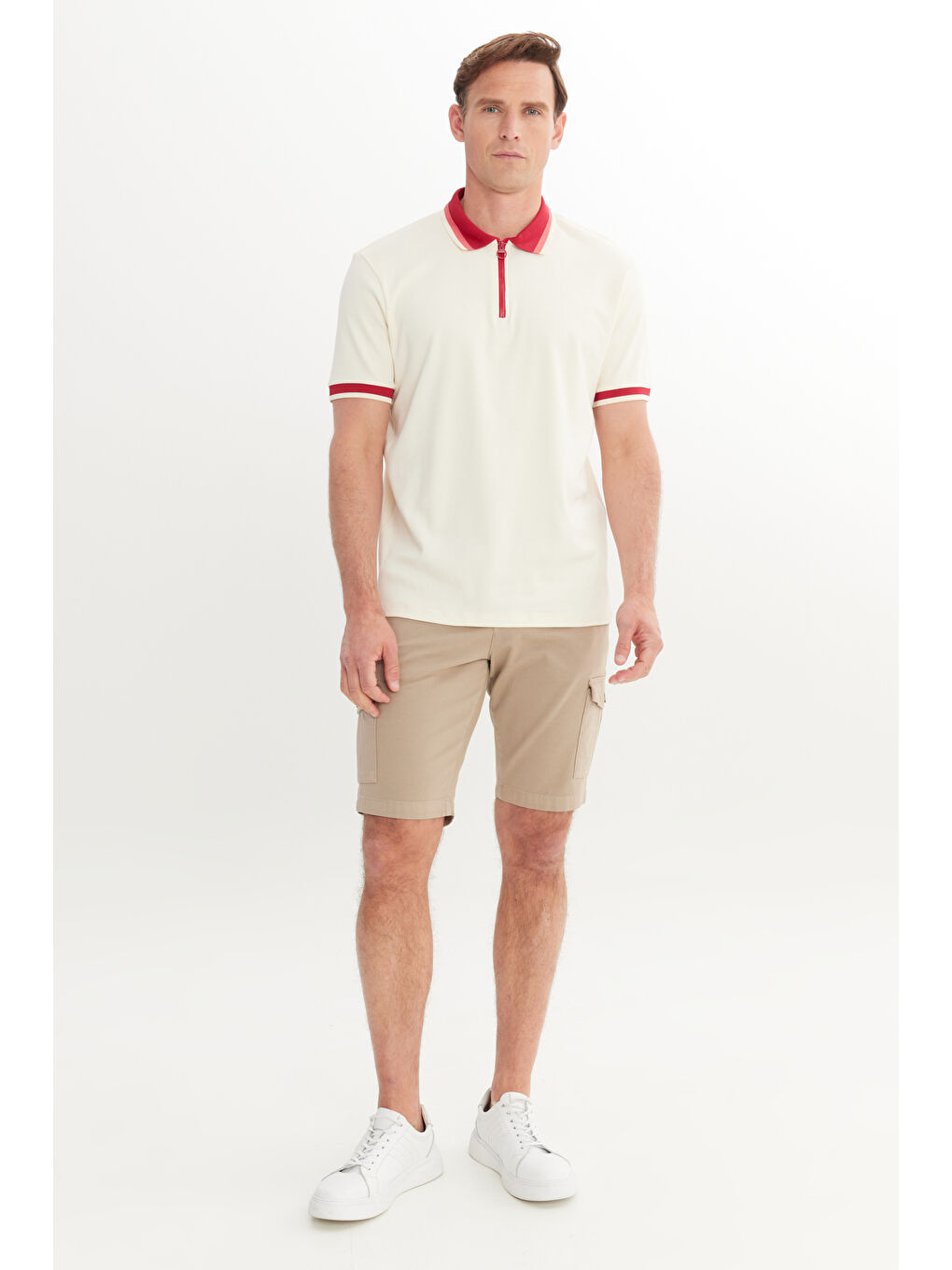 Erkek Ekru-Bordo Regular Fit Geniş Kesim Polo Yaka %100 Pamuk Tişört-1