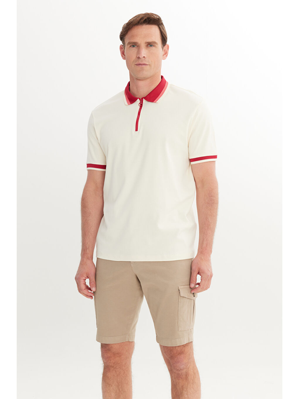 Erkek Ekru-Bordo Regular Fit Geniş Kesim Polo Yaka %100 Pamuk Tişört-2