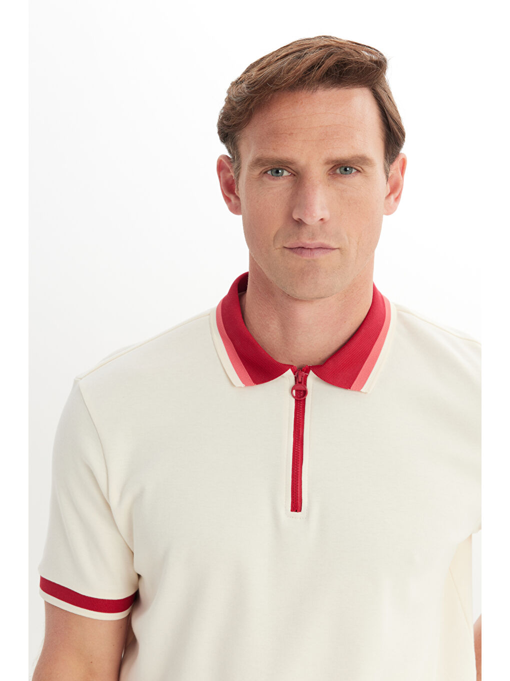 Erkek Ekru-Bordo Regular Fit Geniş Kesim Polo Yaka %100 Pamuk Tişört-3
