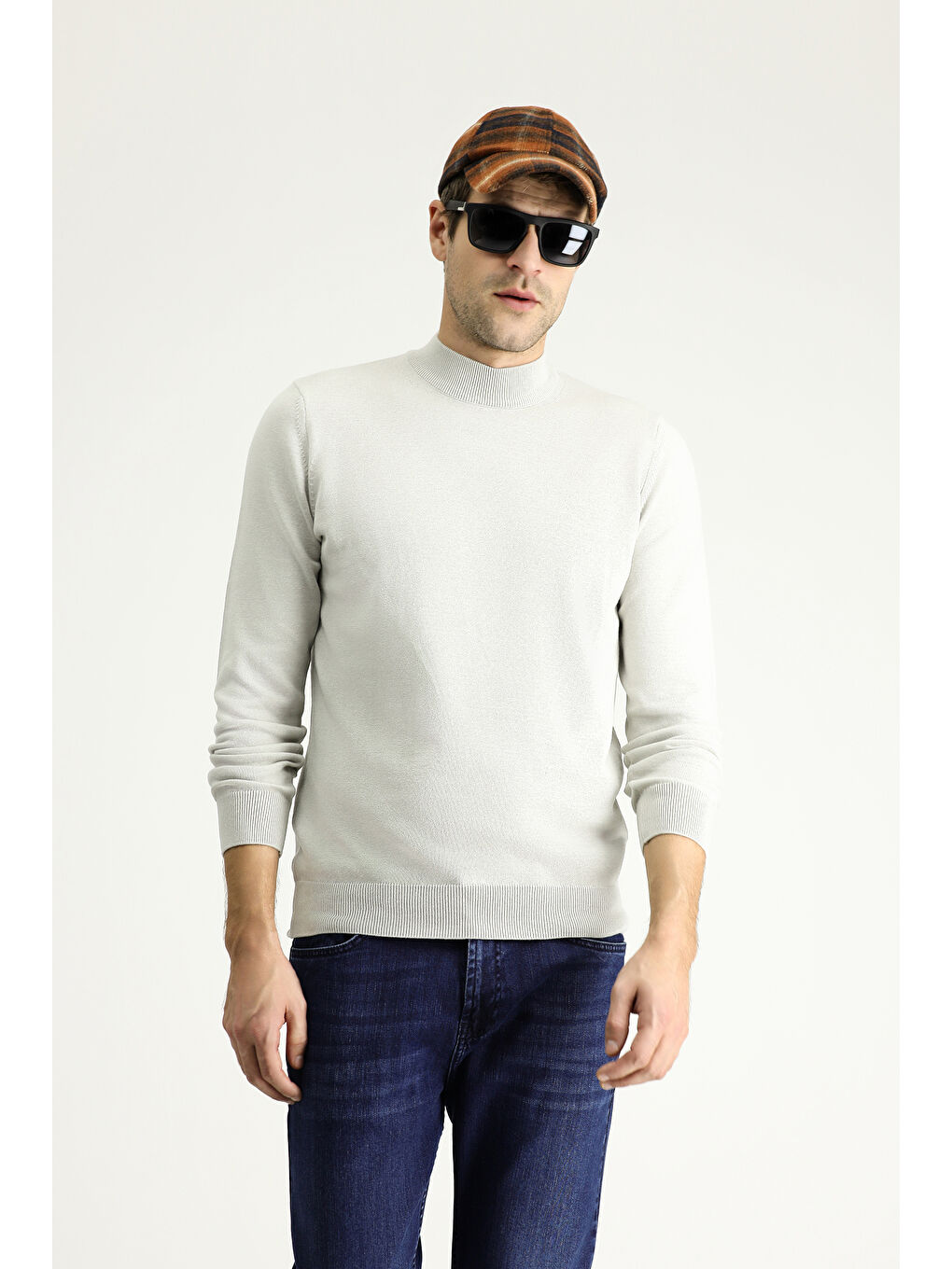 Bej Bato Yaka Regular Fit Pamuklu Triko Büyük Beden Kazak-1