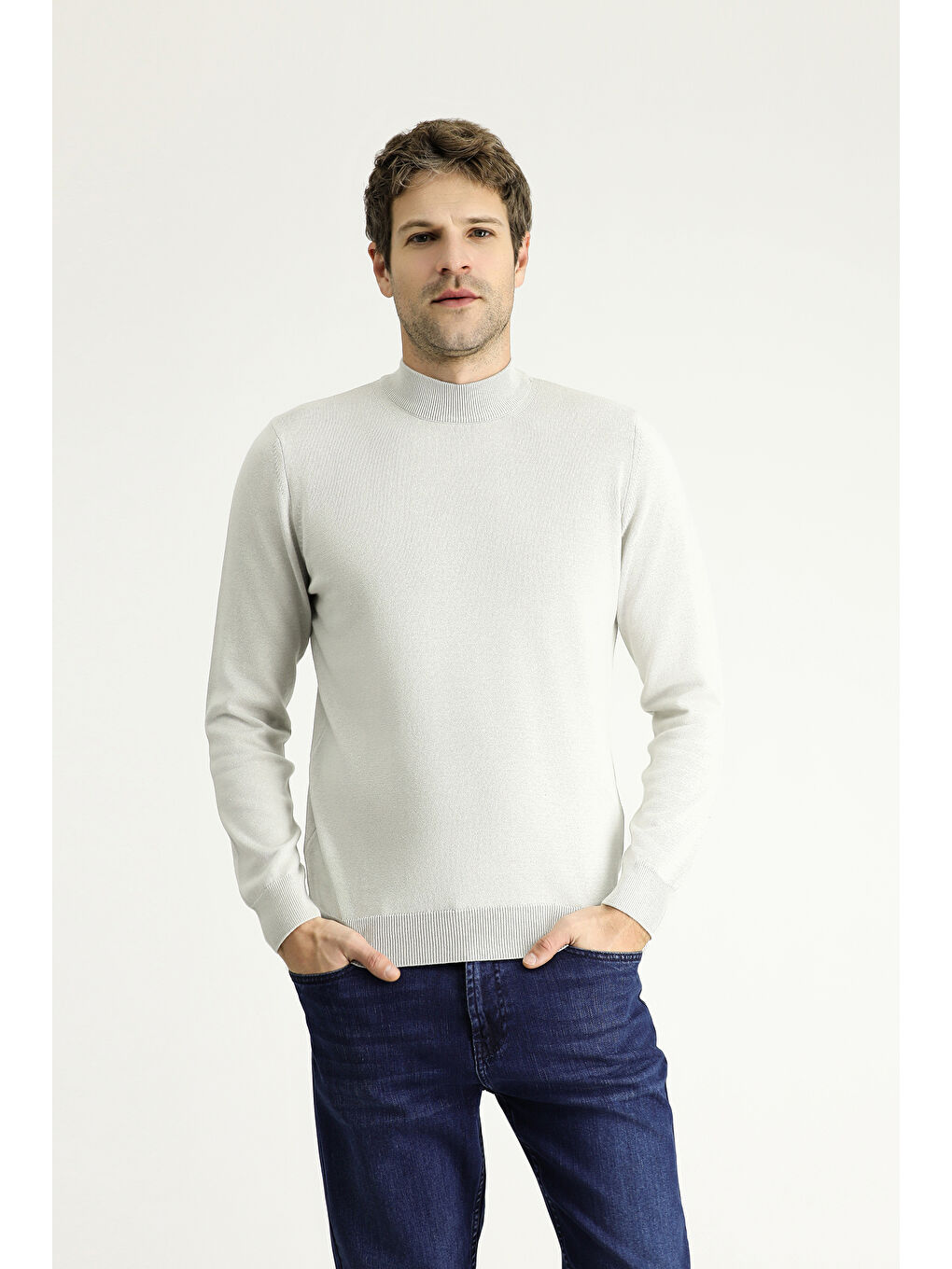 Bej Bato Yaka Regular Fit Pamuklu Triko Büyük Beden Kazak-2