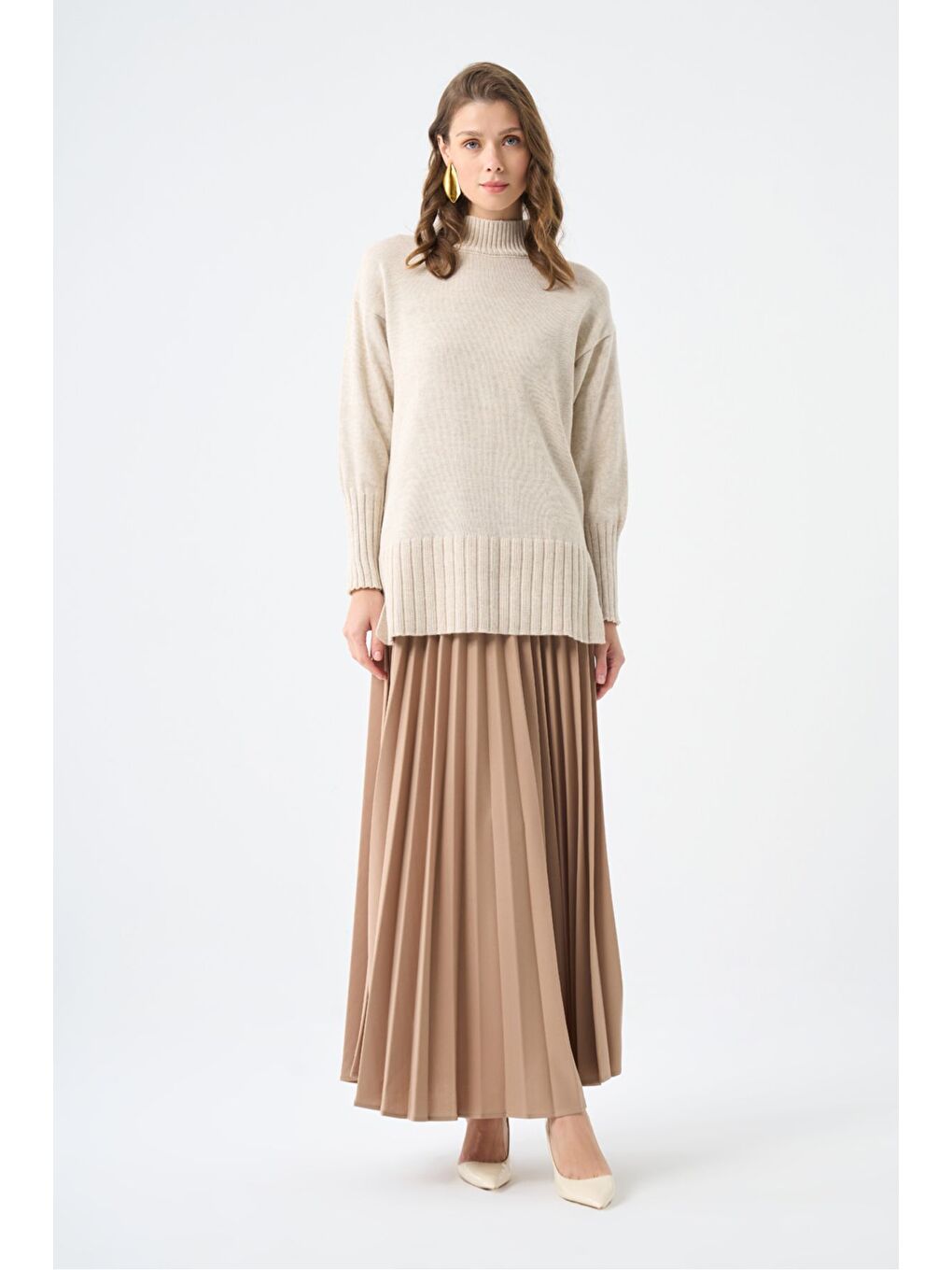 Basic Örme Pliseli Krep Bej Etek