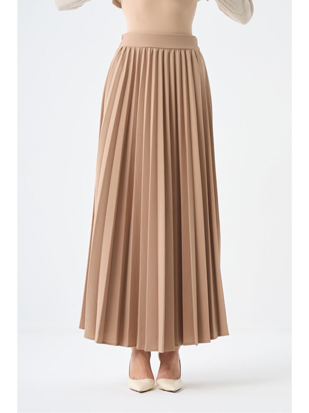 Basic Örme Pliseli Krep Bej Etek-1
