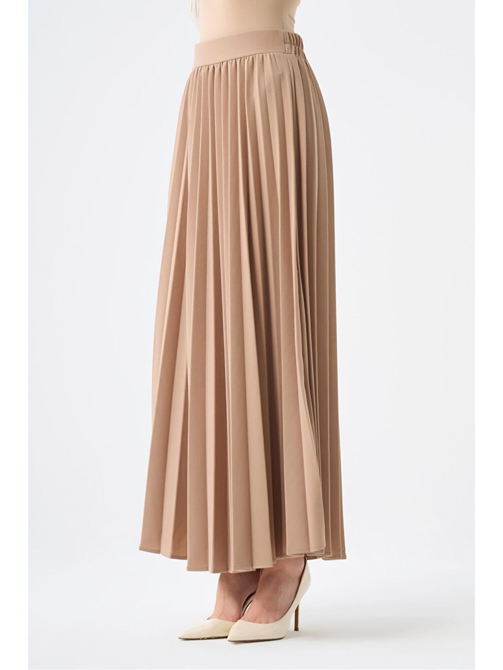 Basic Örme Pliseli Krep Bej Etek-2