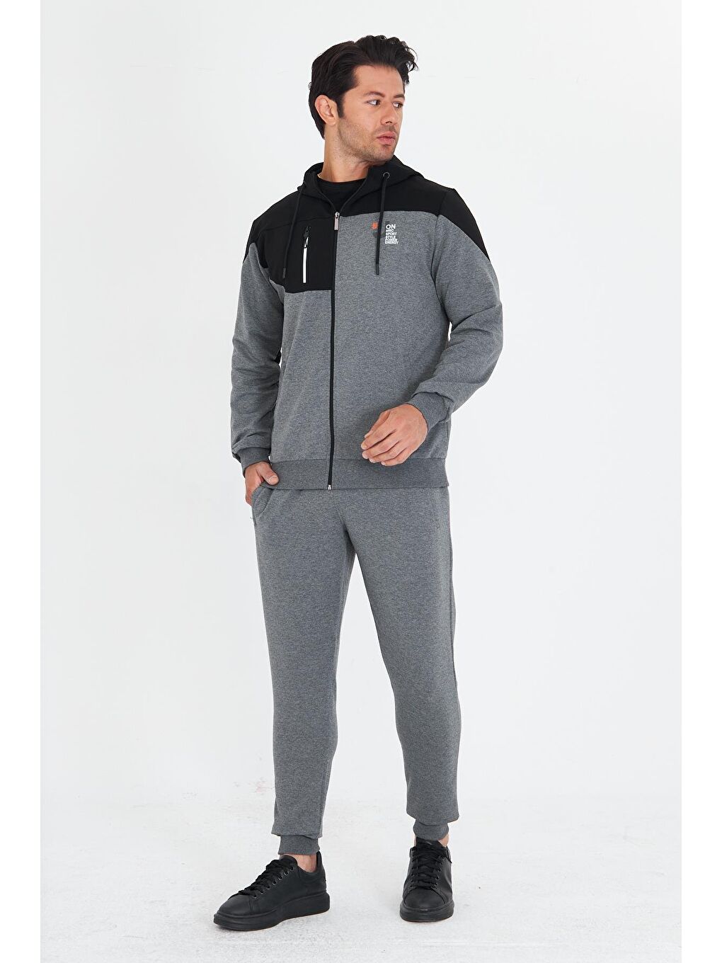 Erkek Pamuklu Kapüşonlu Eşofman Takımı Antrasit 5739-A