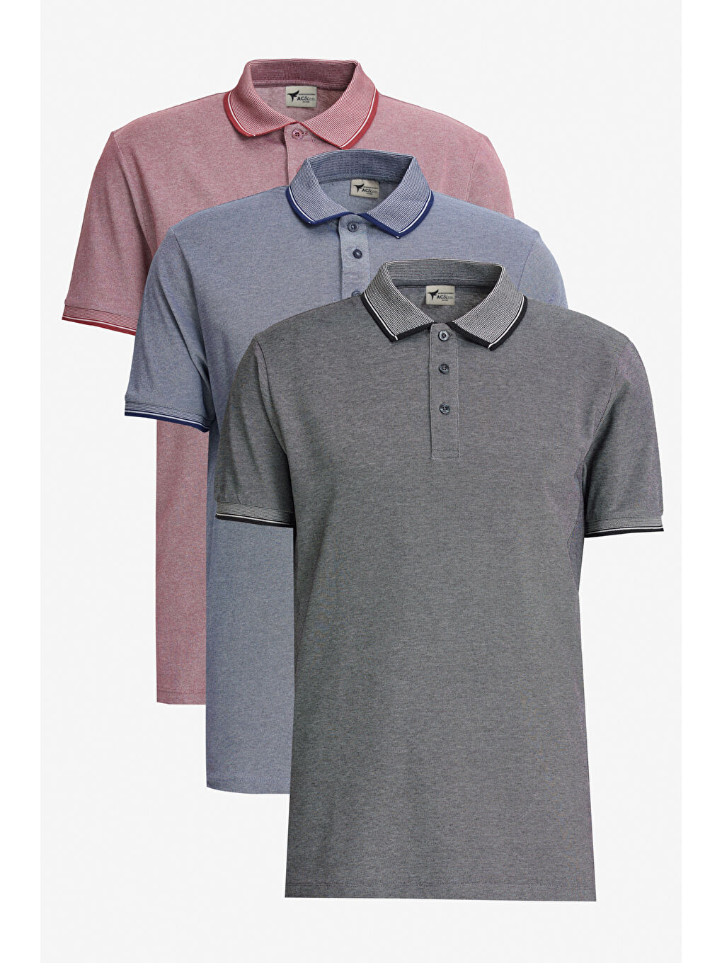 Bordo Erkek BORDO-ACIK SIYAH-ACIK LACI Slim Fit Dar Kesim 3 'lü Kıvrılmaz Polo Yaka Tişört